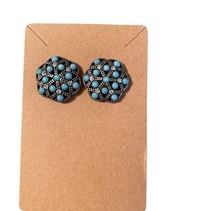 Faux Turquoise and Silvertone Filigree Cluster Earrings